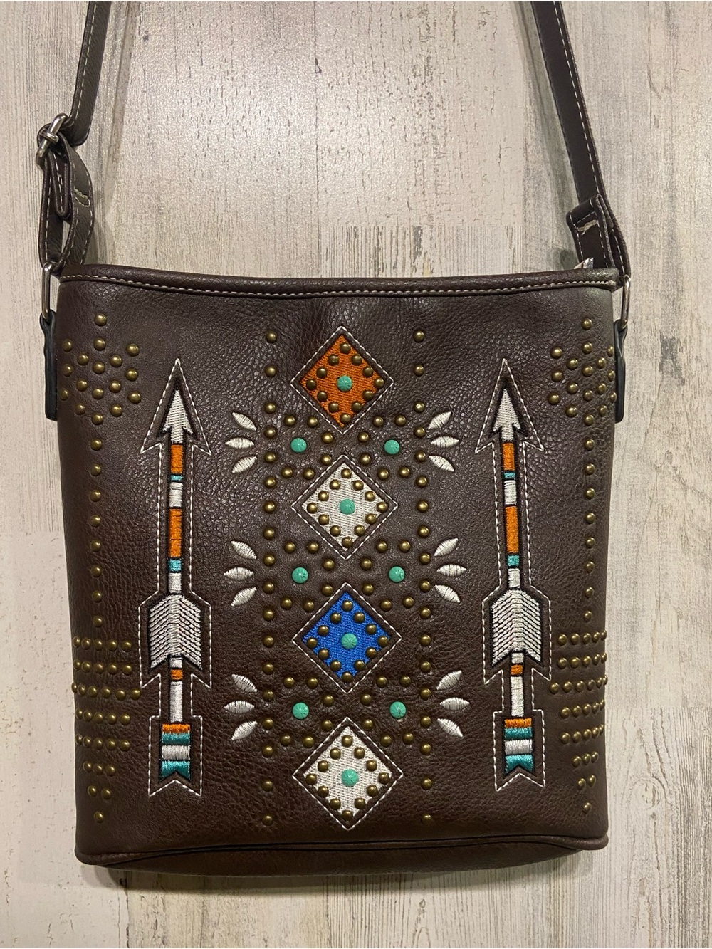 Western Style Boho Brown Embroidered Studded Crossbody Bag